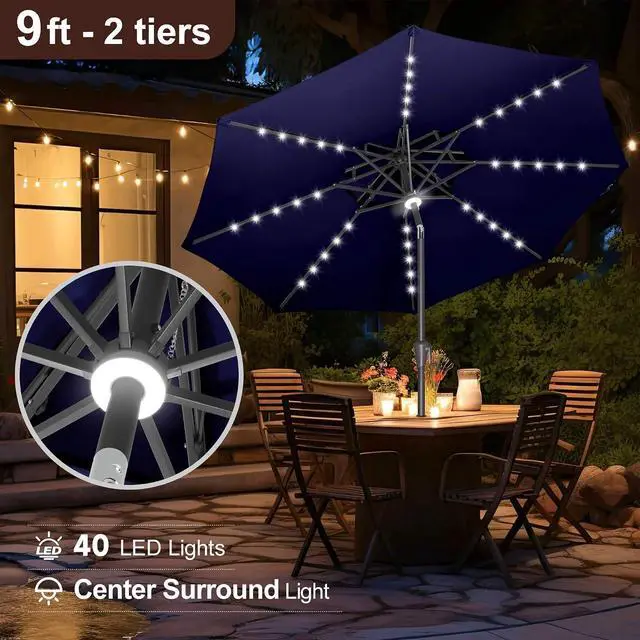 Alt view image 4 of 7 - FLAME&SHADE Solar Patio Umbrella with Centre Light, 9FT 2 Tiers, Navy Blue | 40 LED Lights, UV Protection, Solar Outdoor Umbrella for Porch, Deck, Backyard, Garden, Provides Evening Lighting