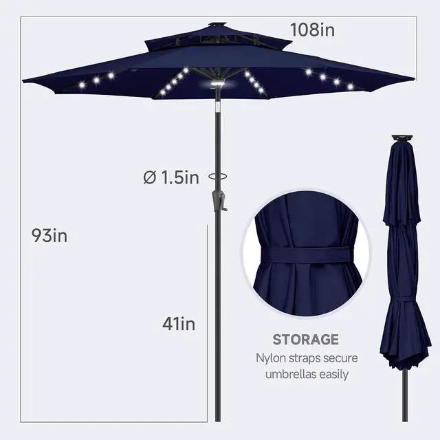 Alt view image 5 of 7 - FLAME&SHADE Solar Patio Umbrella with Centre Light, 9FT 2 Tiers, Navy Blue | 40 LED Lights, UV Protection, Solar Outdoor Umbrella for Porch, Deck, Backyard, Garden, Provides Evening Lighting