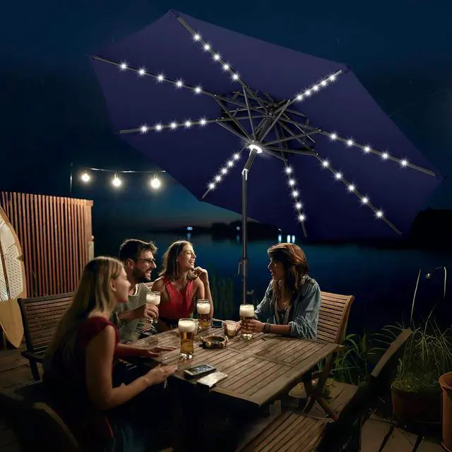 Alt view image 6 of 7 - FLAME&SHADE Solar Patio Umbrella with Centre Light, 9FT 2 Tiers, Navy Blue | 40 LED Lights, UV Protection, Solar Outdoor Umbrella for Porch, Deck, Backyard, Garden, Provides Evening Lighting