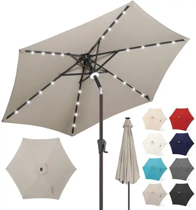 Main image of FLAME&SHADE Solar Patio Umbrella with Centre Light, 10 FT Taupe | 24 LED Lights, UV Protection, Solar Outdoor Umbrella for Porch, Deck, Backyard, Garden, Provides Evening Lighting