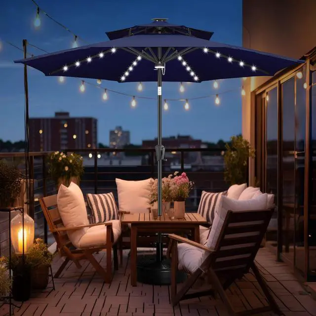 Alt view image 7 of 7 - FLAME&SHADE Solar Patio Umbrella with Centre Light, 9FT 2 Tiers, Navy Blue | 40 LED Lights, UV Protection, Solar Outdoor Umbrella for Porch, Deck, Backyard, Garden, Provides Evening Lighting