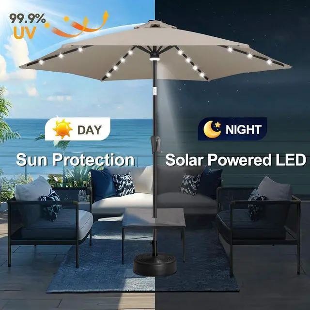 Alt view image 2 of 7 - FLAME&SHADE Solar Patio Umbrella with Centre Light, 10 FT Taupe | 24 LED Lights, UV Protection, Solar Outdoor Umbrella for Porch, Deck, Backyard, Garden, Provides Evening Lighting