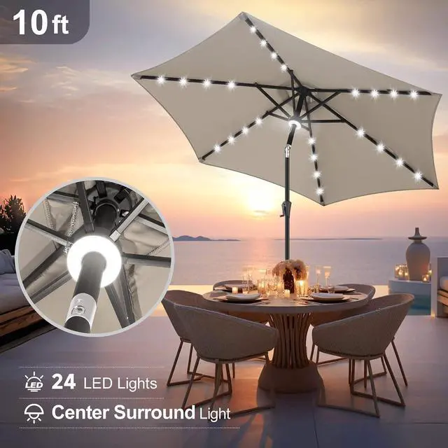 Alt view image 4 of 7 - FLAME&SHADE Solar Patio Umbrella with Centre Light, 10 FT Taupe | 24 LED Lights, UV Protection, Solar Outdoor Umbrella for Porch, Deck, Backyard, Garden, Provides Evening Lighting