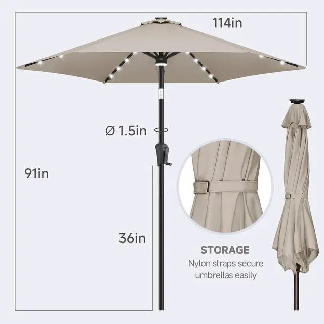 Alt view image 5 of 7 - FLAME&SHADE Solar Patio Umbrella with Centre Light, 10 FT Taupe | 24 LED Lights, UV Protection, Solar Outdoor Umbrella for Porch, Deck, Backyard, Garden, Provides Evening Lighting