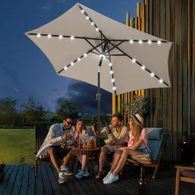 Alt view image 6 of 7 - FLAME&SHADE Solar Patio Umbrella with Centre Light, 10 FT Taupe | 24 LED Lights, UV Protection, Solar Outdoor Umbrella for Porch, Deck, Backyard, Garden, Provides Evening Lighting