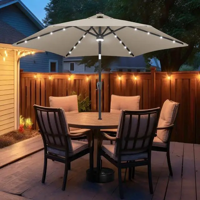 Alt view image 7 of 7 - FLAME&SHADE Solar Patio Umbrella with Centre Light, 10 FT Taupe | 24 LED Lights, UV Protection, Solar Outdoor Umbrella for Porch, Deck, Backyard, Garden, Provides Evening Lighting