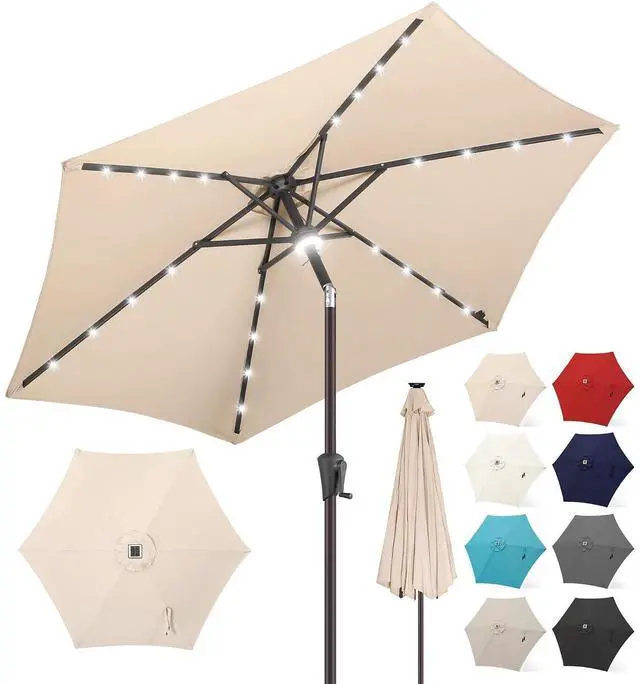Main image of FLAME&SHADE Solar Patio Umbrella with Centre Light, 10 FT Beige | 24 LED Lights, UV Protection, Solar Outdoor Umbrella for Porch, Deck, Backyard, Garden, Provides Evening Lighting