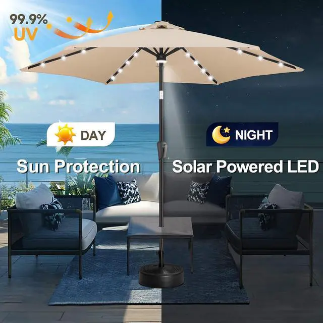 Alt view image 2 of 7 - FLAME&SHADE Solar Patio Umbrella with Centre Light, 10 FT Beige | 24 LED Lights, UV Protection, Solar Outdoor Umbrella for Porch, Deck, Backyard, Garden, Provides Evening Lighting