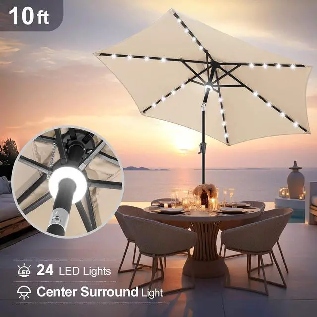 Alt view image 4 of 7 - FLAME&SHADE Solar Patio Umbrella with Centre Light, 10 FT Beige | 24 LED Lights, UV Protection, Solar Outdoor Umbrella for Porch, Deck, Backyard, Garden, Provides Evening Lighting
