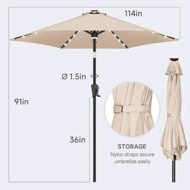 Alt view image 5 of 7 - FLAME&SHADE Solar Patio Umbrella with Centre Light, 10 FT Beige | 24 LED Lights, UV Protection, Solar Outdoor Umbrella for Porch, Deck, Backyard, Garden, Provides Evening Lighting