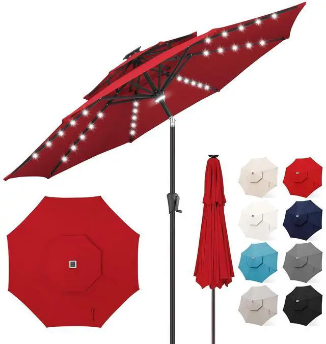 Main image of FLAME&SHADE Solar Patio Umbrella with Centre Light, 9FT 2 Tiers, Red | 40 LED Lights, UV Protection, Solar Outdoor Umbrella for Porch, Deck, Backyard, Garden, Provides Evening Lighting