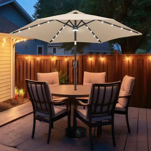 Alt view image 7 of 7 - FLAME&SHADE Solar Patio Umbrella with Centre Light, 10 FT Beige | 24 LED Lights, UV Protection, Solar Outdoor Umbrella for Porch, Deck, Backyard, Garden, Provides Evening Lighting