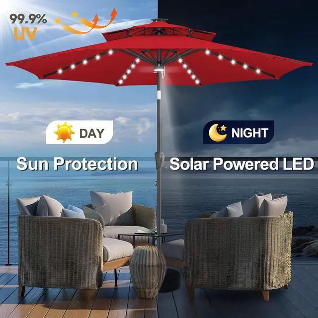 Alt view image 2 of 7 - FLAME&SHADE Solar Patio Umbrella with Centre Light, 9FT 2 Tiers, Red | 40 LED Lights, UV Protection, Solar Outdoor Umbrella for Porch, Deck, Backyard, Garden, Provides Evening Lighting