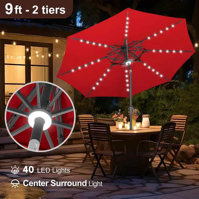 Alt view image 4 of 7 - FLAME&SHADE Solar Patio Umbrella with Centre Light, 9FT 2 Tiers, Red | 40 LED Lights, UV Protection, Solar Outdoor Umbrella for Porch, Deck, Backyard, Garden, Provides Evening Lighting