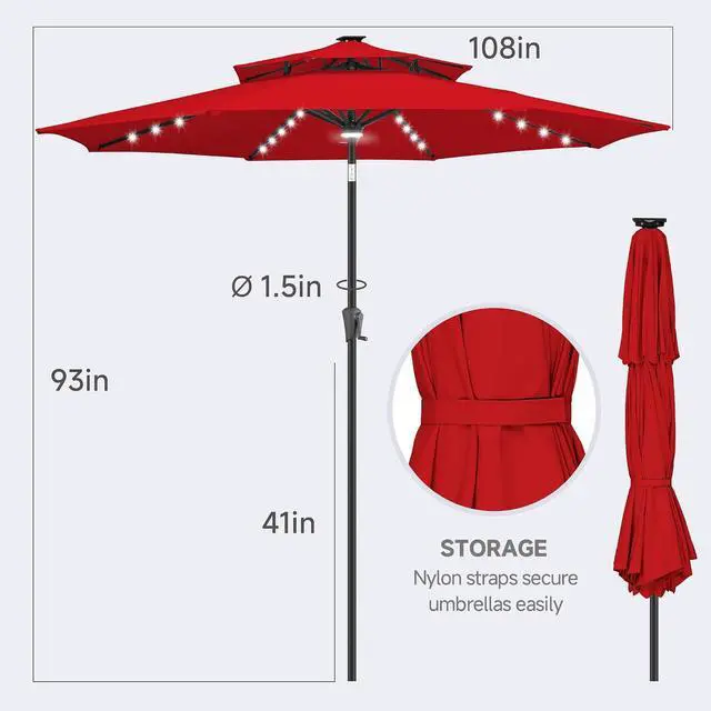 Alt view image 5 of 7 - FLAME&SHADE Solar Patio Umbrella with Centre Light, 9FT 2 Tiers, Red | 40 LED Lights, UV Protection, Solar Outdoor Umbrella for Porch, Deck, Backyard, Garden, Provides Evening Lighting