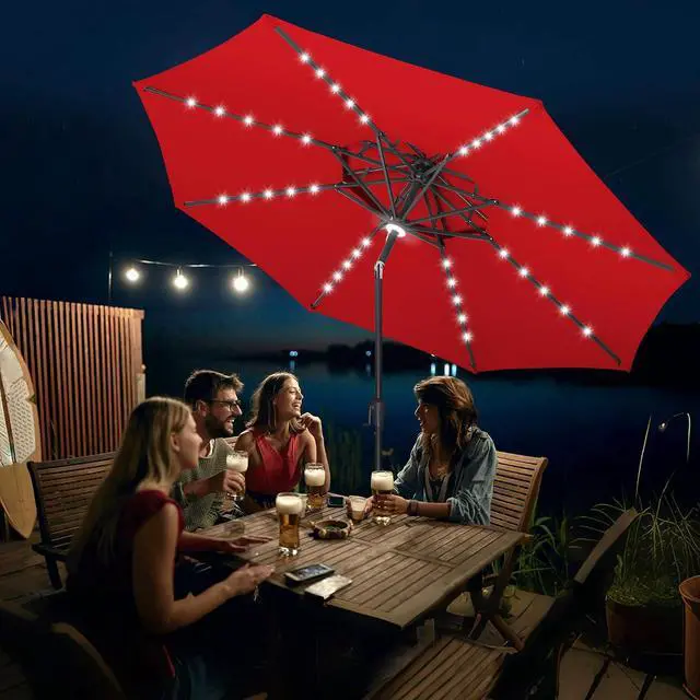 Alt view image 6 of 7 - FLAME&SHADE Solar Patio Umbrella with Centre Light, 9FT 2 Tiers, Red | 40 LED Lights, UV Protection, Solar Outdoor Umbrella for Porch, Deck, Backyard, Garden, Provides Evening Lighting