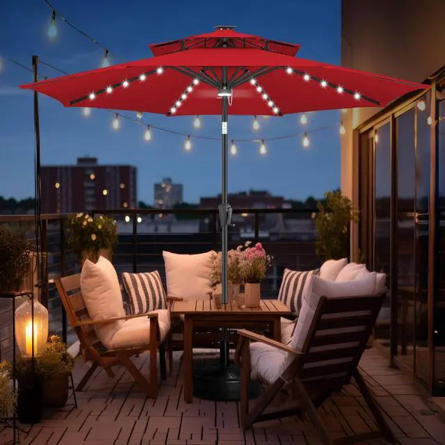 Alt view image 7 of 7 - FLAME&SHADE Solar Patio Umbrella with Centre Light, 9FT 2 Tiers, Red | 40 LED Lights, UV Protection, Solar Outdoor Umbrella for Porch, Deck, Backyard, Garden, Provides Evening Lighting