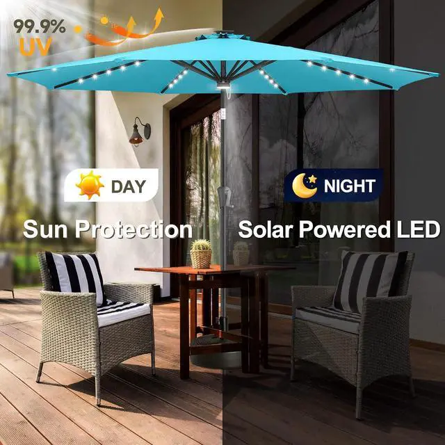 Alt view image 2 of 7 - FLAME&SHADE Solar Patio Umbrella with a Centre Light, 9 FT Aqua Blue | 40 LED Lights, UV Protection, Waterproof, Porch Deck Outdoor Umbrella for Pool, Backyard, Garden, Provides Evening Lighting