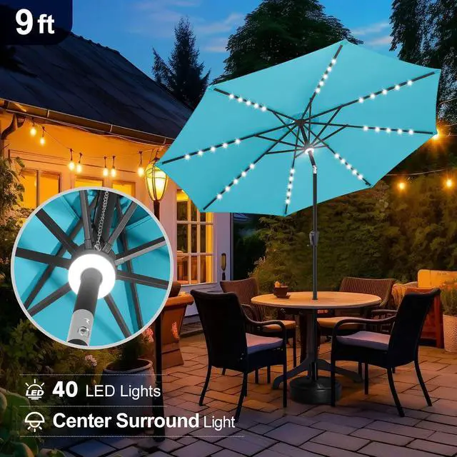 Alt view image 4 of 7 - FLAME&SHADE Solar Patio Umbrella with a Centre Light, 9 FT Aqua Blue | 40 LED Lights, UV Protection, Waterproof, Porch Deck Outdoor Umbrella for Pool, Backyard, Garden, Provides Evening Lighting