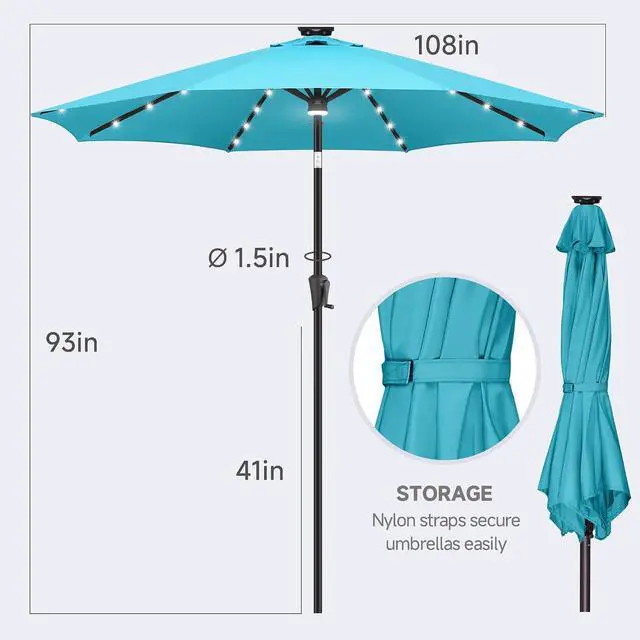 Alt view image 5 of 7 - FLAME&SHADE Solar Patio Umbrella with a Centre Light, 9 FT Aqua Blue | 40 LED Lights, UV Protection, Waterproof, Porch Deck Outdoor Umbrella for Pool, Backyard, Garden, Provides Evening Lighting