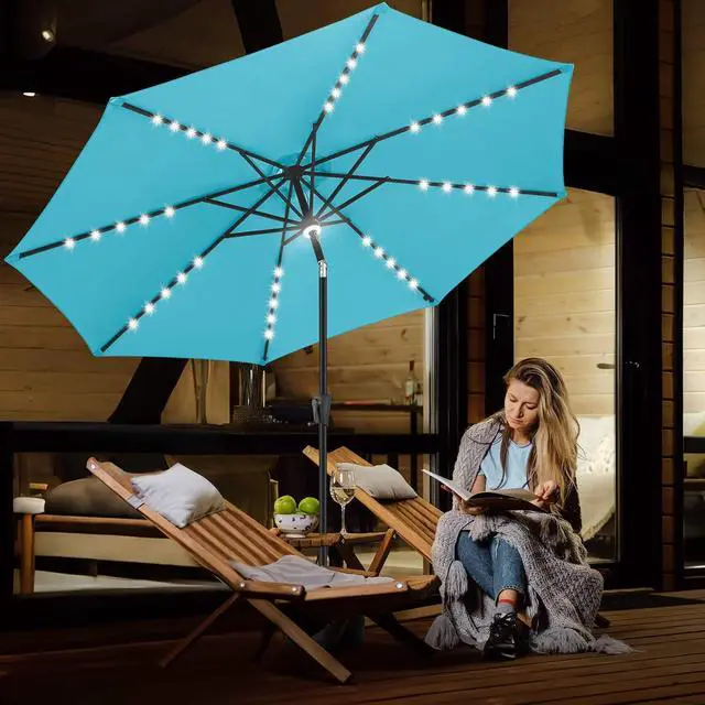 Alt view image 6 of 7 - FLAME&SHADE Solar Patio Umbrella with a Centre Light, 9 FT Aqua Blue | 40 LED Lights, UV Protection, Waterproof, Porch Deck Outdoor Umbrella for Pool, Backyard, Garden, Provides Evening Lighting