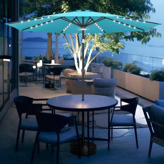 Alt view image 7 of 7 - FLAME&SHADE Solar Patio Umbrella with a Centre Light, 9 FT Aqua Blue | 40 LED Lights, UV Protection, Waterproof, Porch Deck Outdoor Umbrella for Pool, Backyard, Garden, Provides Evening Lighting