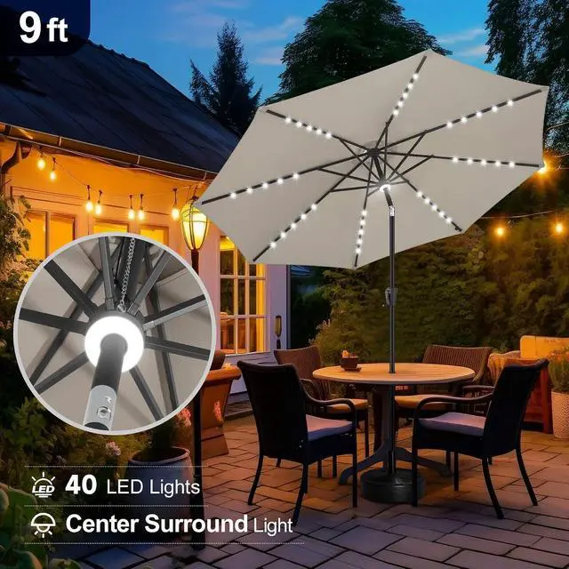 Alt view image 4 of 7 - FLAME&SHADE Solar Patio Umbrella with a Centre Light, 9 FT Taupe | 40 LED Lights, UV Protection, Waterproof, Porch Deck Outdoor Umbrella for Pool, Backyard, Garden, Provides Evening Lighting