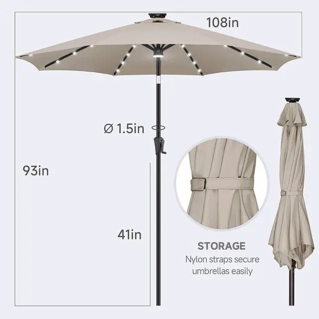Alt view image 5 of 7 - FLAME&SHADE Solar Patio Umbrella with a Centre Light, 9 FT Taupe | 40 LED Lights, UV Protection, Waterproof, Porch Deck Outdoor Umbrella for Pool, Backyard, Garden, Provides Evening Lighting
