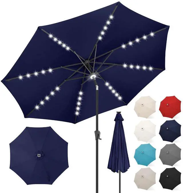 Main image of FLAME&SHADE Solar Patio Umbrella with a Centre Light, 9 FT Navy Blue | 40 LED Lights, UV Protection, Waterproof, Porch Deck Outdoor Umbrella for Pool, Backyard, Garden, Provides Evening Lighting