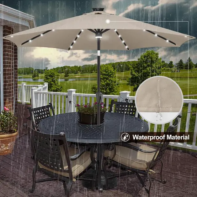 Alt view image 7 of 7 - FLAME&SHADE Solar Patio Umbrella with a Centre Light, 9 FT Taupe | 40 LED Lights, UV Protection, Waterproof, Porch Deck Outdoor Umbrella for Pool, Backyard, Garden, Provides Evening Lighting