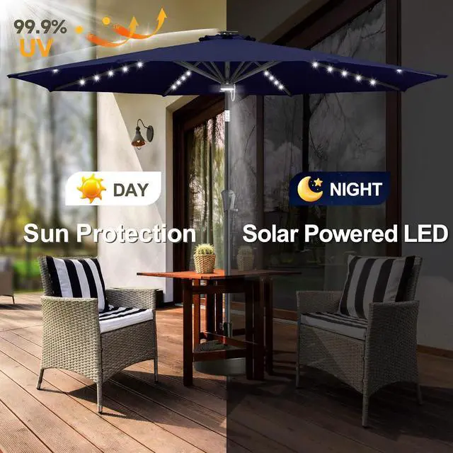 Alt view image 2 of 7 - FLAME&SHADE Solar Patio Umbrella with a Centre Light, 9 FT Navy Blue | 40 LED Lights, UV Protection, Waterproof, Porch Deck Outdoor Umbrella for Pool, Backyard, Garden, Provides Evening Lighting