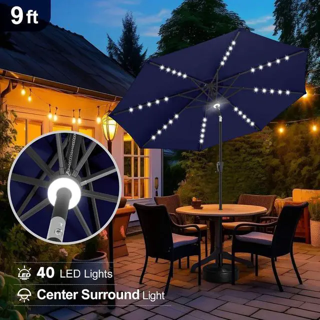 Alt view image 4 of 7 - FLAME&SHADE Solar Patio Umbrella with a Centre Light, 9 FT Navy Blue | 40 LED Lights, UV Protection, Waterproof, Porch Deck Outdoor Umbrella for Pool, Backyard, Garden, Provides Evening Lighting