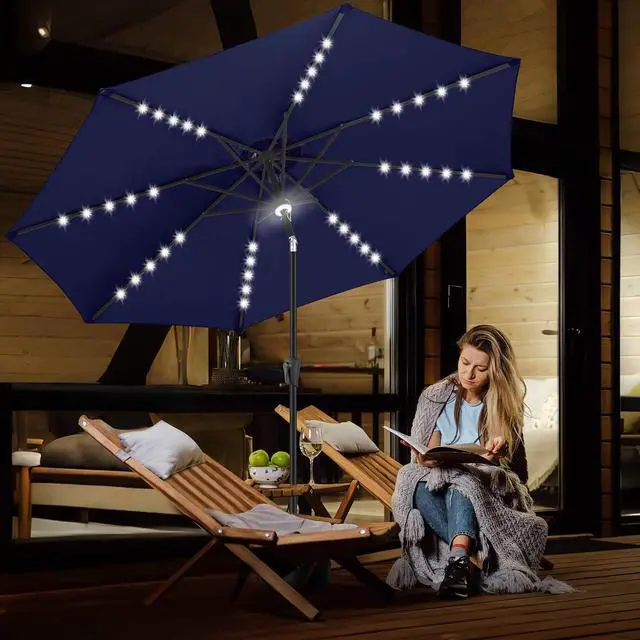 Alt view image 6 of 7 - FLAME&SHADE Solar Patio Umbrella with a Centre Light, 9 FT Navy Blue | 40 LED Lights, UV Protection, Waterproof, Porch Deck Outdoor Umbrella for Pool, Backyard, Garden, Provides Evening Lighting