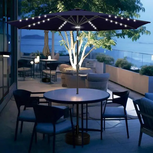 Alt view image 7 of 7 - FLAME&SHADE Solar Patio Umbrella with a Centre Light, 9 FT Navy Blue | 40 LED Lights, UV Protection, Waterproof, Porch Deck Outdoor Umbrella for Pool, Backyard, Garden, Provides Evening Lighting