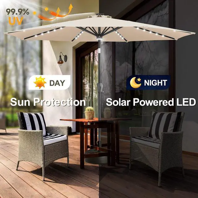 Alt view image 2 of 7 - FLAME&SHADE Solar Patio Umbrella with a Centre Light, 9 FT Beige | 40 LED Lights, UV Protection, Waterproof, Porch Deck Outdoor Umbrella for Pool, Backyard, Garden, Provides Evening Lighting