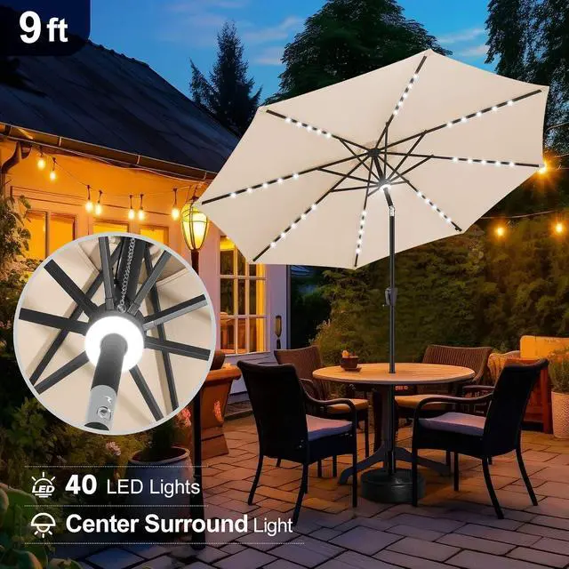 Alt view image 4 of 7 - FLAME&SHADE Solar Patio Umbrella with a Centre Light, 9 FT Beige | 40 LED Lights, UV Protection, Waterproof, Porch Deck Outdoor Umbrella for Pool, Backyard, Garden, Provides Evening Lighting