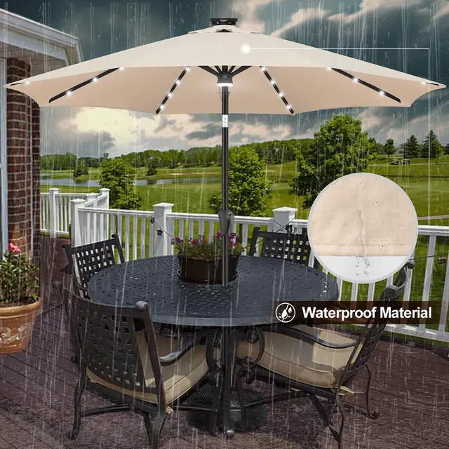 Alt view image 7 of 7 - FLAME&SHADE Solar Patio Umbrella with a Centre Light, 9 FT Beige | 40 LED Lights, UV Protection, Waterproof, Porch Deck Outdoor Umbrella for Pool, Backyard, Garden, Provides Evening Lighting