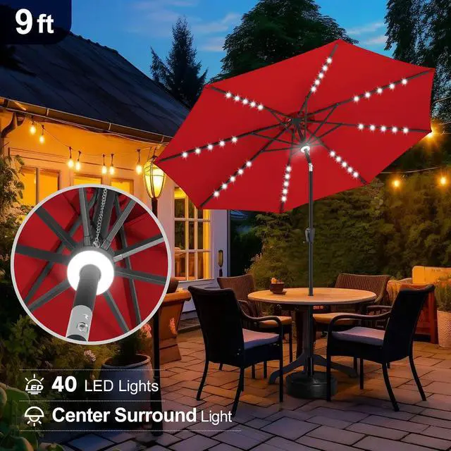 Alt view image 4 of 7 - FLAME&SHADE Solar Patio Umbrella with a Centre Light, 9 FT Red | 40 LED Lights, UV Protection, Waterproof, Porch Deck Outdoor Umbrella for Pool, Backyard, Garden, Provides Evening Lighting