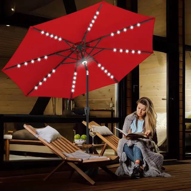 Alt view image 6 of 7 - FLAME&SHADE Solar Patio Umbrella with a Centre Light, 9 FT Red | 40 LED Lights, UV Protection, Waterproof, Porch Deck Outdoor Umbrella for Pool, Backyard, Garden, Provides Evening Lighting