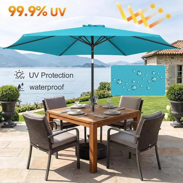 Alt view image 4 of 7 - FLAME&SHADE Patio Umbrella Outdoor with Push Button Tilt, 9 ft Aqua Blue | UV Protection, Waterproof, Porch Deck Umbrella for Pool, Lawn, Table, Garden, Backyard, Provides Shade