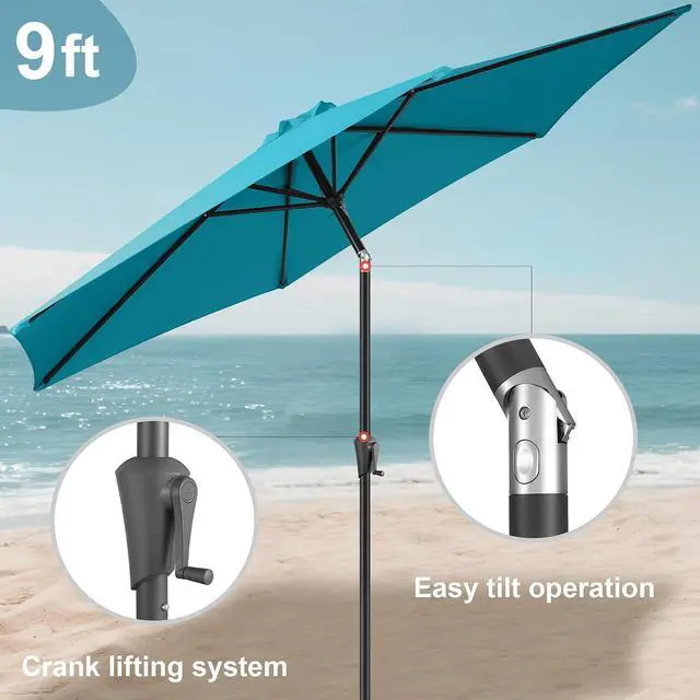 Alt view image 5 of 7 - FLAME&SHADE Patio Umbrella Outdoor with Push Button Tilt, 9 ft Aqua Blue | UV Protection, Waterproof, Porch Deck Umbrella for Pool, Lawn, Table, Garden, Backyard, Provides Shade