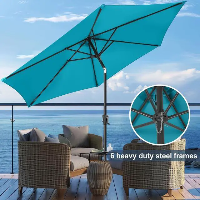 Alt view image 6 of 7 - FLAME&SHADE Patio Umbrella Outdoor with Push Button Tilt, 9 ft Aqua Blue | UV Protection, Waterproof, Porch Deck Umbrella for Pool, Lawn, Table, Garden, Backyard, Provides Shade