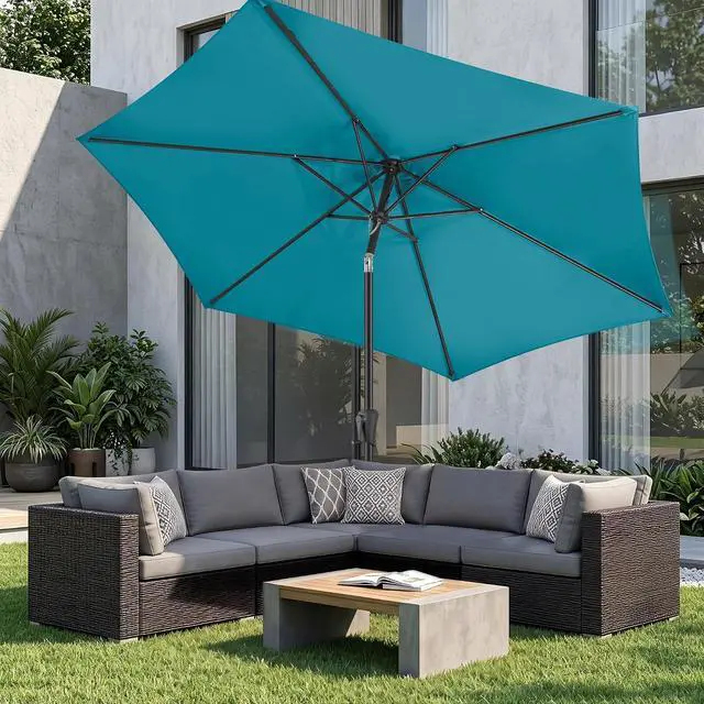Alt view image 7 of 7 - FLAME&SHADE Patio Umbrella Outdoor with Push Button Tilt, 9 ft Aqua Blue | UV Protection, Waterproof, Porch Deck Umbrella for Pool, Lawn, Table, Garden, Backyard, Provides Shade