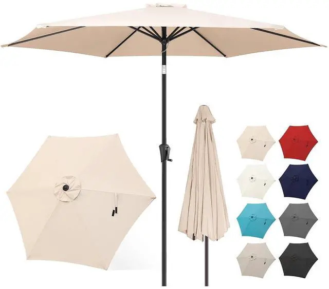 Main image of FLAME&SHADE Patio Umbrella Outdoor with Push Button Tilt, 9 ft Beige | UV Protection, Waterproof, Porch Deck Umbrella for Pool, Lawn, Table, Garden, Backyard, Provides Shade