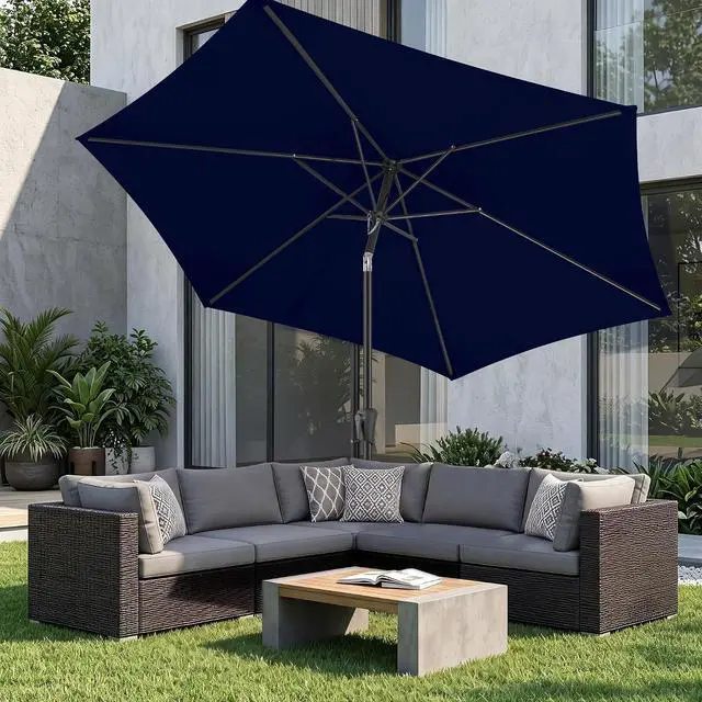 Alt view image 7 of 7 - FLAME&SHADE Patio Umbrella Outdoor with Push Button Tilt, 9 ft Navy Blue | UV Protection, Waterproof, Porch Deck Umbrella for Pool, Lawn, Table, Garden, Backyard, Provides Shade