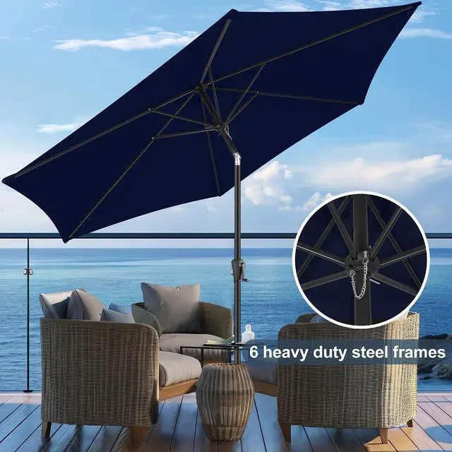 Alt view image 6 of 7 - FLAME&SHADE Patio Umbrella Outdoor with Push Button Tilt, 9 ft Navy Blue | UV Protection, Waterproof, Porch Deck Umbrella for Pool, Lawn, Table, Garden, Backyard, Provides Shade