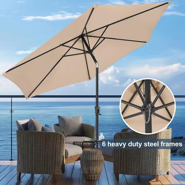 Alt view image 6 of 7 - FLAME&SHADE Patio Umbrella Outdoor with Push Button Tilt, 9 ft Beige | UV Protection, Waterproof, Porch Deck Umbrella for Pool, Lawn, Table, Garden, Backyard, Provides Shade