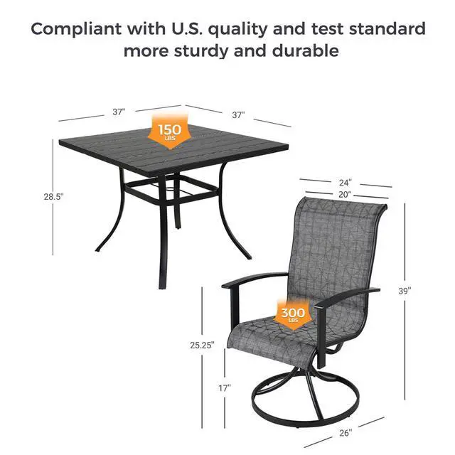 Alt view image 2 of 7 - Grand patio Patio Dining Set for 4, Outdoor Dining Set with 4-Piece Mesh Sling Swivel Patio Rocking Chairs, 1-Piece Square Woodgrain Dining Table with 1.5'' Umbrella Hole, Black & Grey Plaid