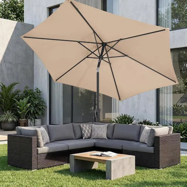 Alt view image 7 of 7 - FLAME&SHADE Patio Umbrella Outdoor with Push Button Tilt, 9 ft Beige | UV Protection, Waterproof, Porch Deck Umbrella for Pool, Lawn, Table, Garden, Backyard, Provides Shade