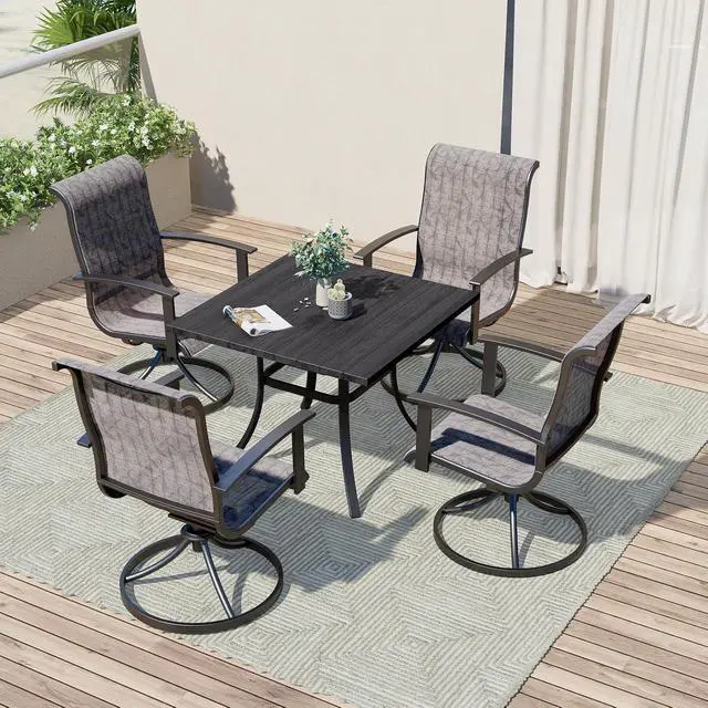 Main image of Grand patio Patio Dining Set for 4, Outdoor Dining Set with 4-Piece Mesh Sling Swivel Patio Rocking Chairs, 1-Piece Square Woodgrain Dining Table with 1.5'' Umbrella Hole, Black & Grey Plaid